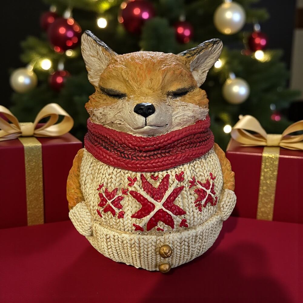 Christmas Fox Cookie Jar Sweets Canister Porcelain Resin Holiday Decor 7H x 6W